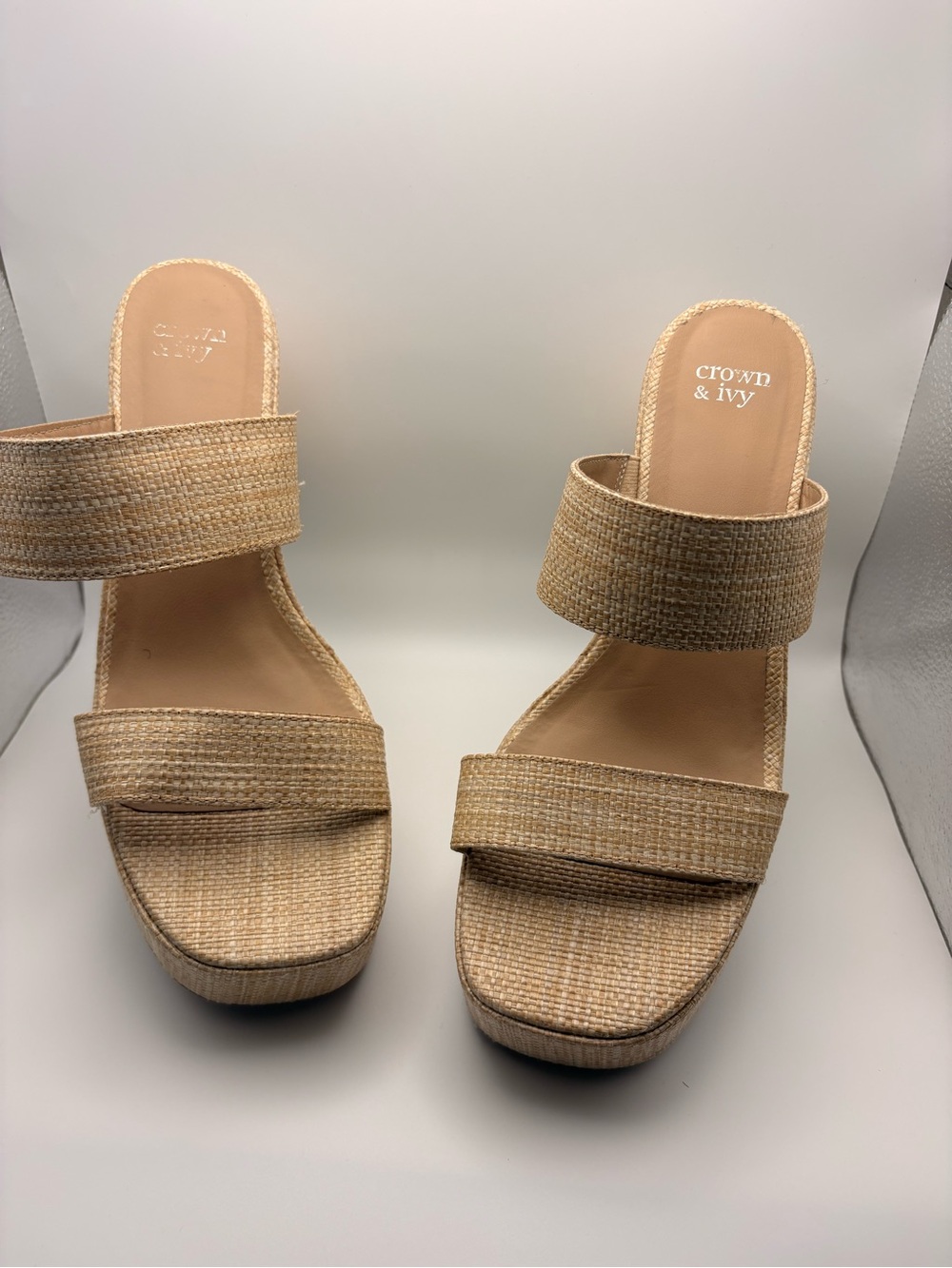 Crown & Ivy Raffia Double Strap Platform Wedge Felicia Sandals